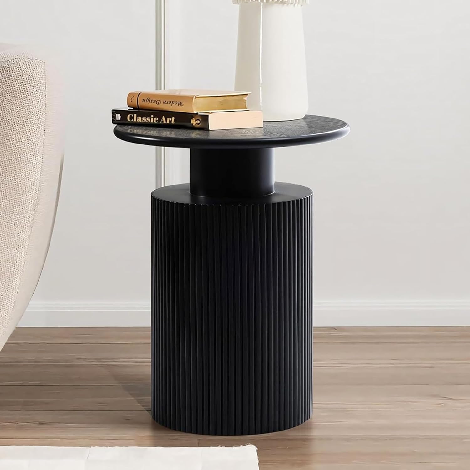 Fluted Black Round Side Table 21 Inch
