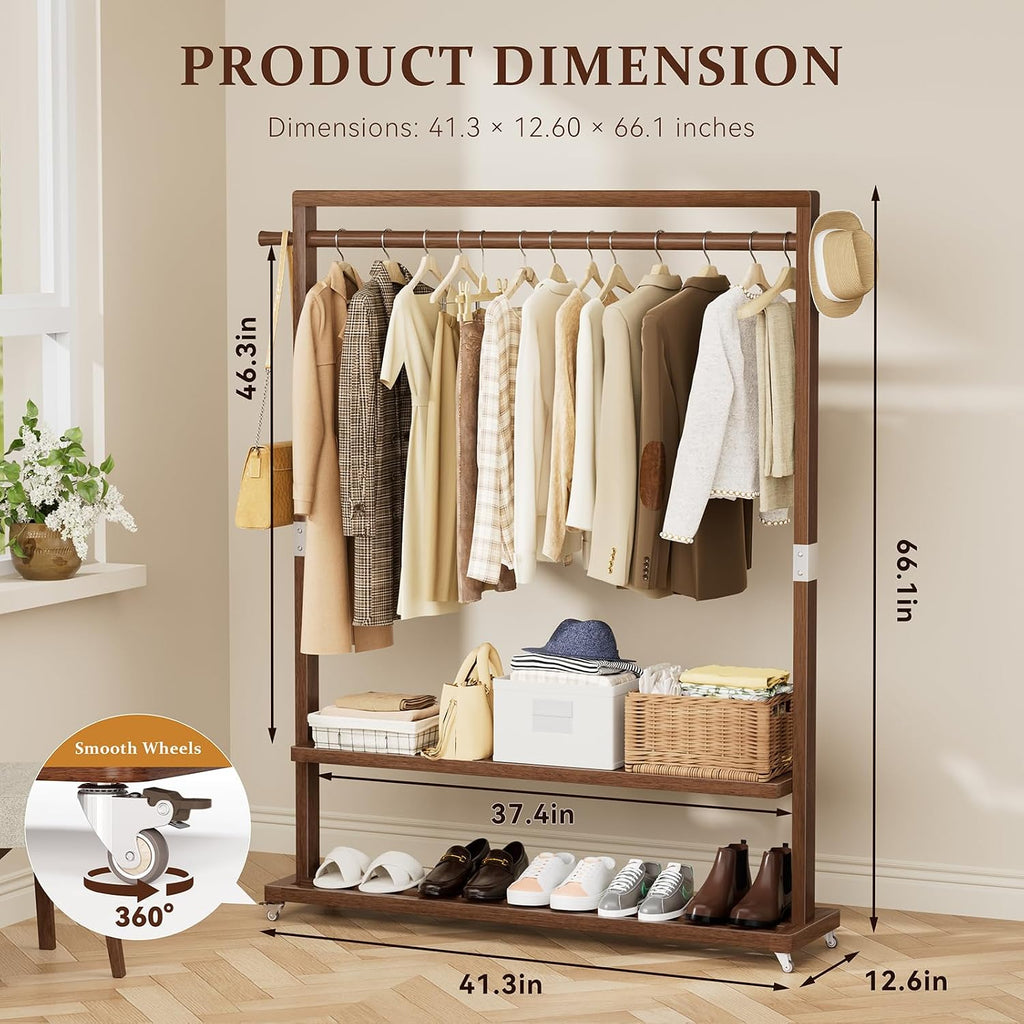 Wood Rolling Garment Rack Long Rod & Shelves
