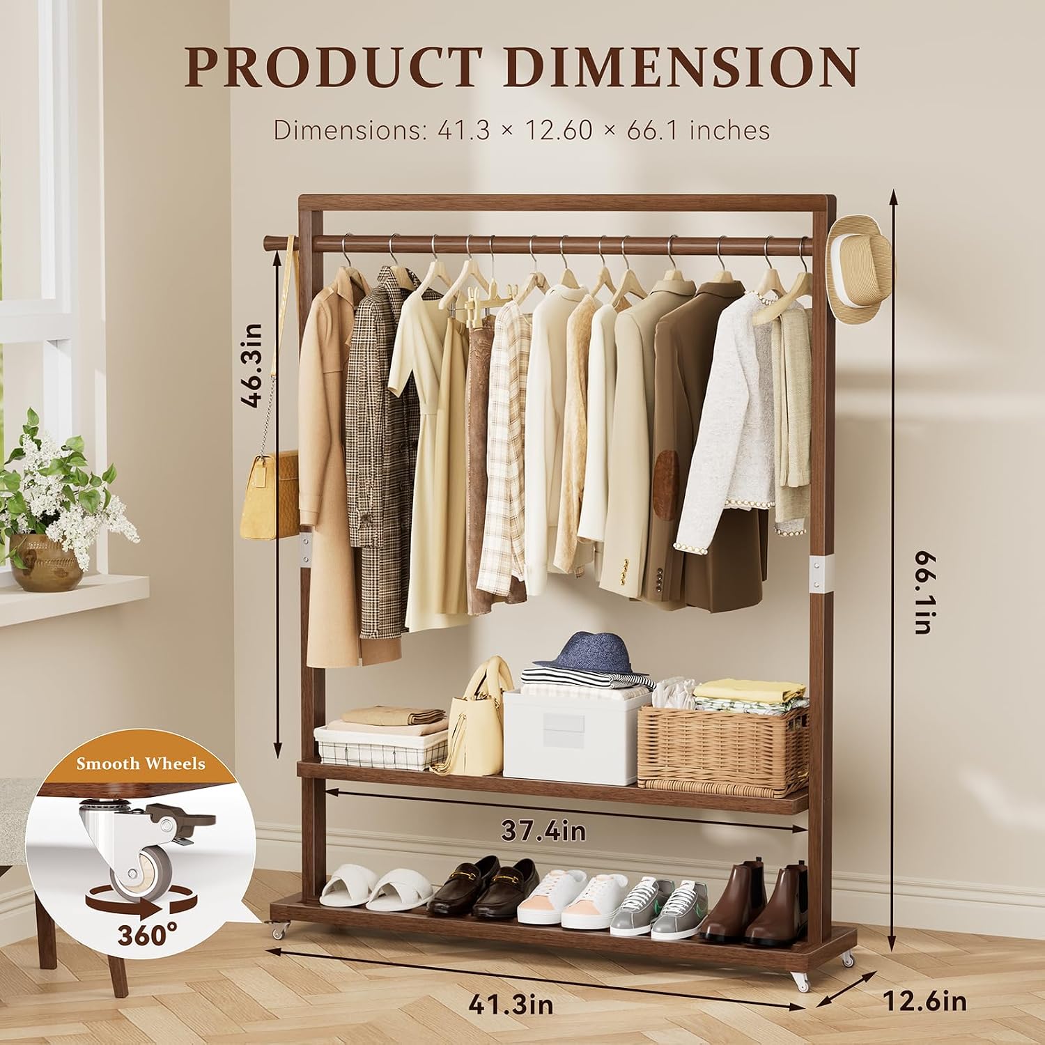 Wood Rolling Garment Rack Long Rod & Shelves