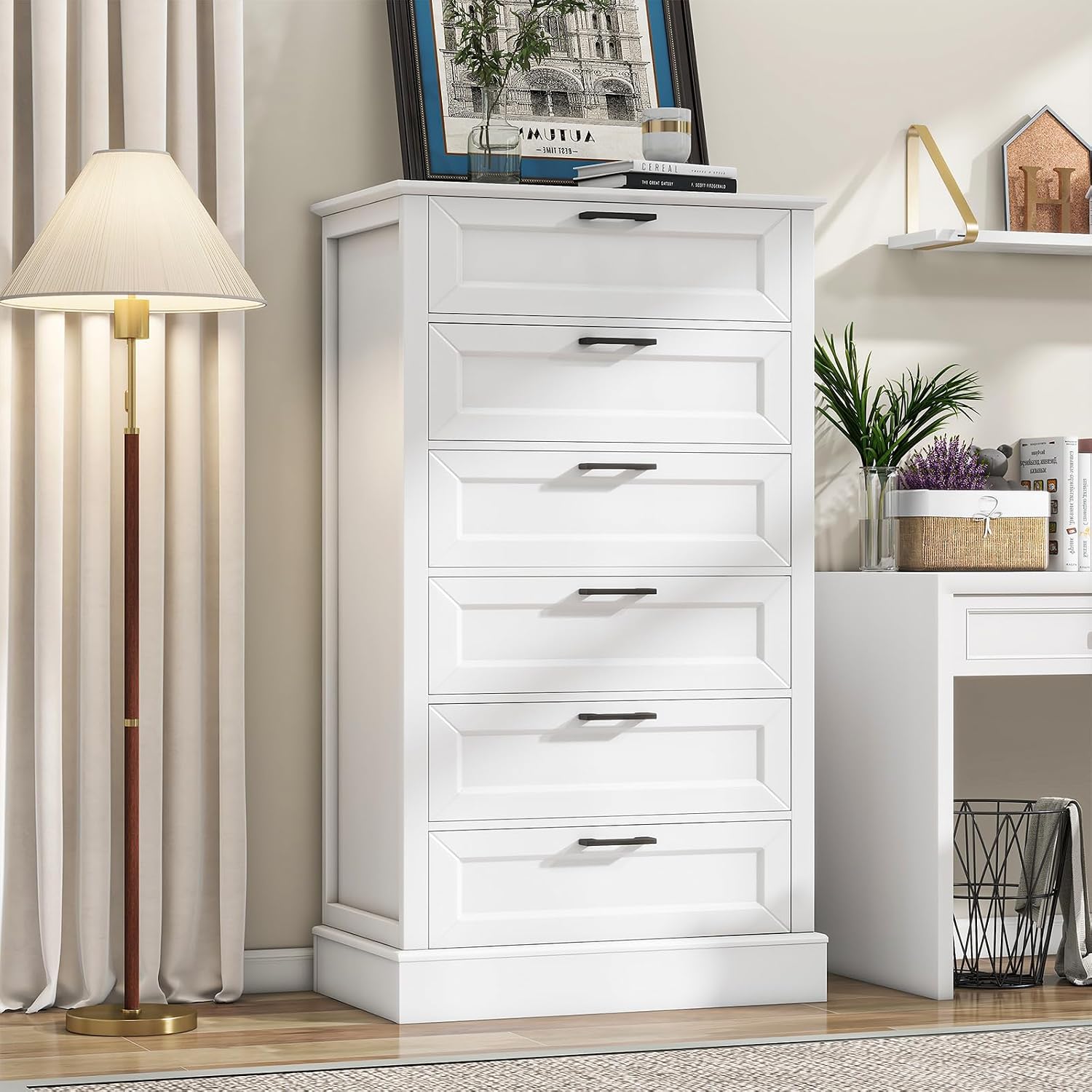 Farmhouse White 6-Drawer Tall Dresser