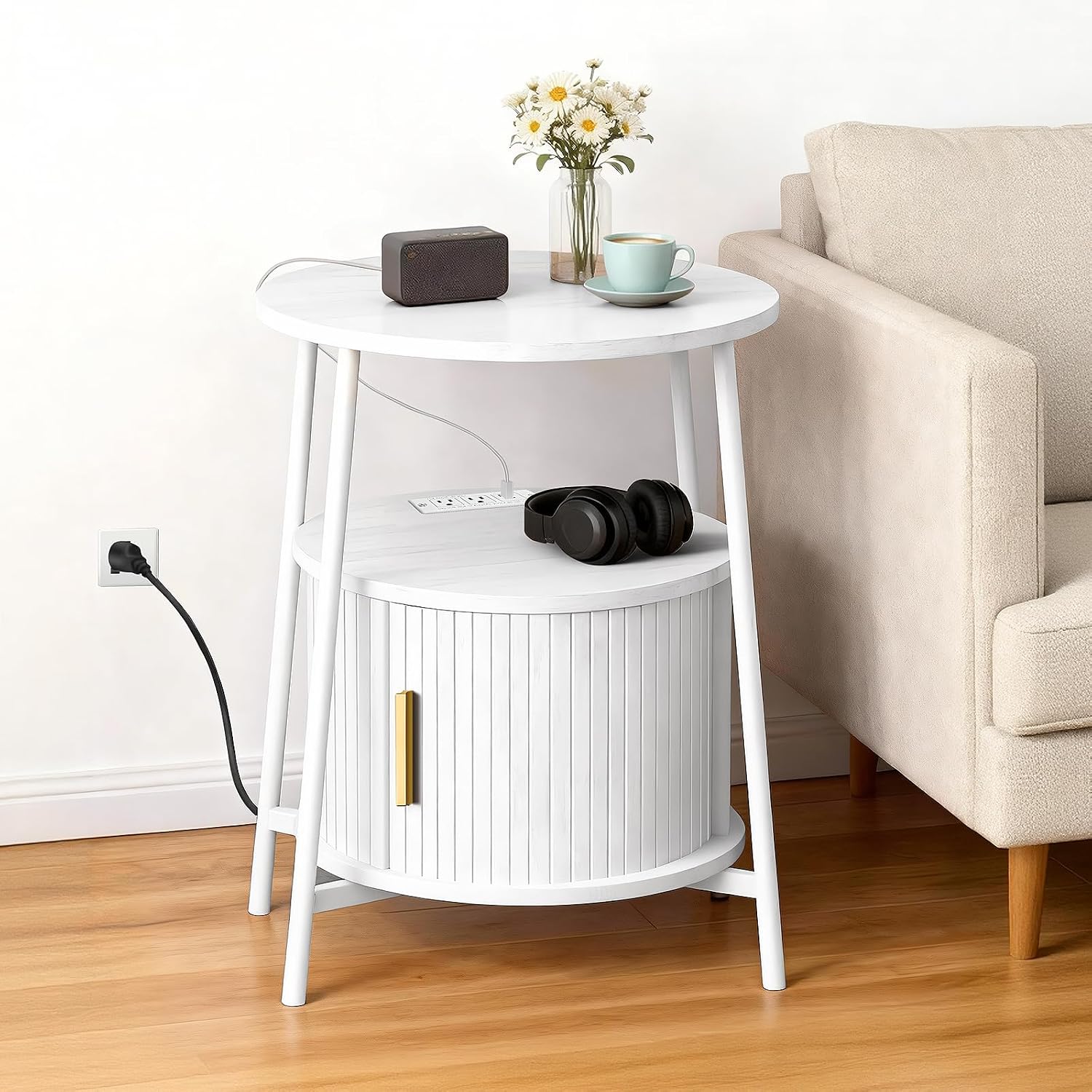 Fluted Round Side Table Sliding Door White