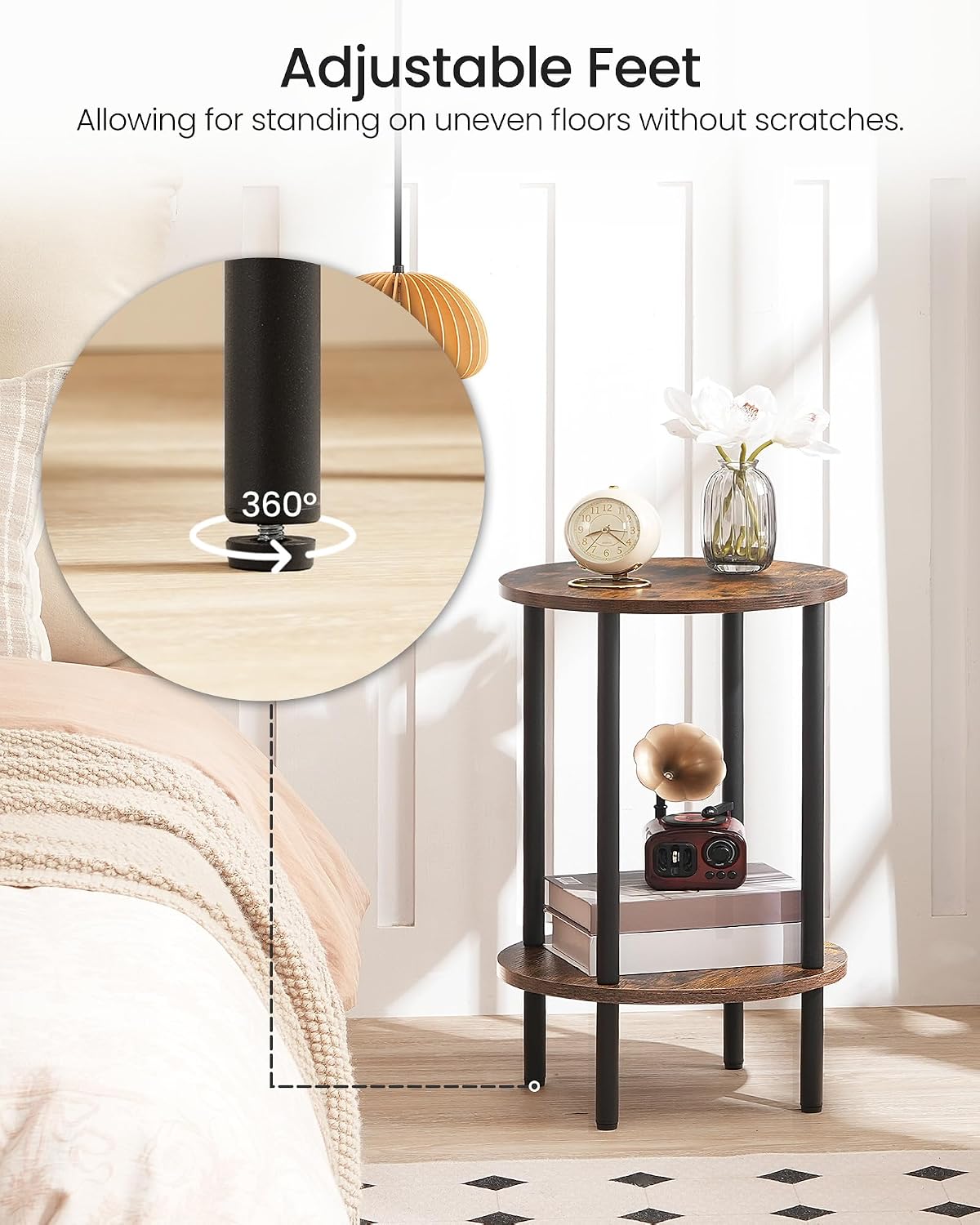 2-Tier Round Metal Frame Side Table Rustic Brown