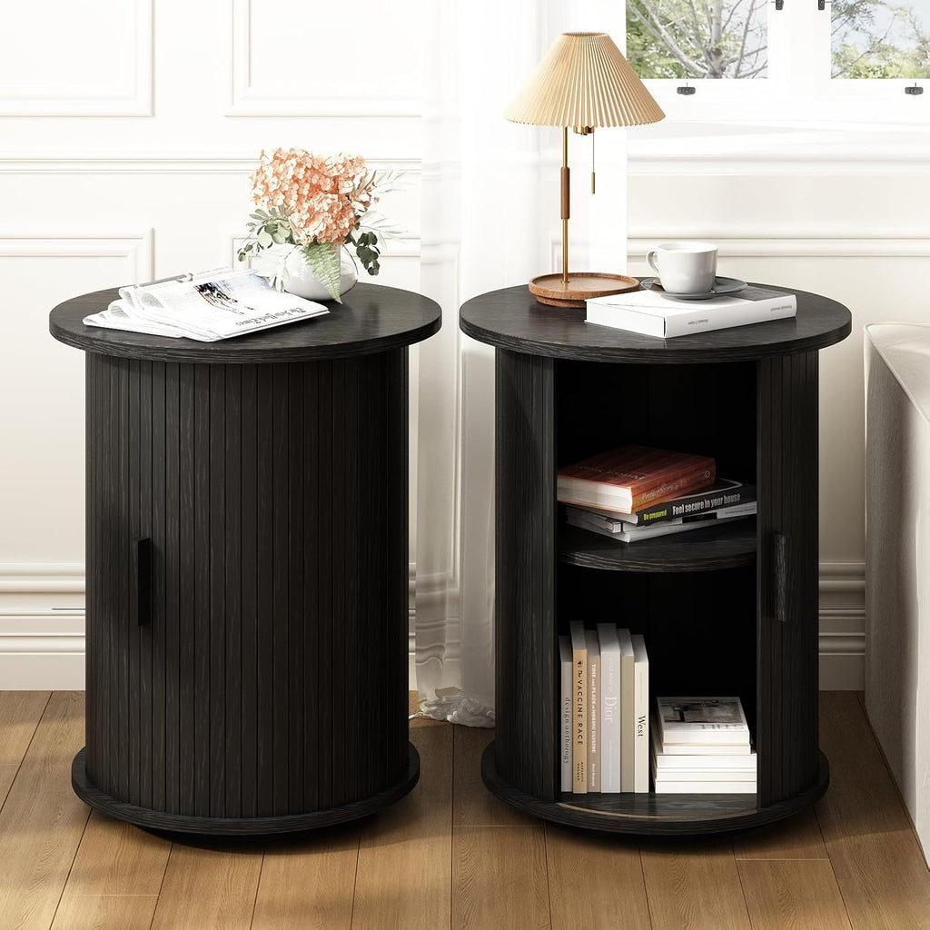 2-Tier Fluted Round Pedestal Side Table Black