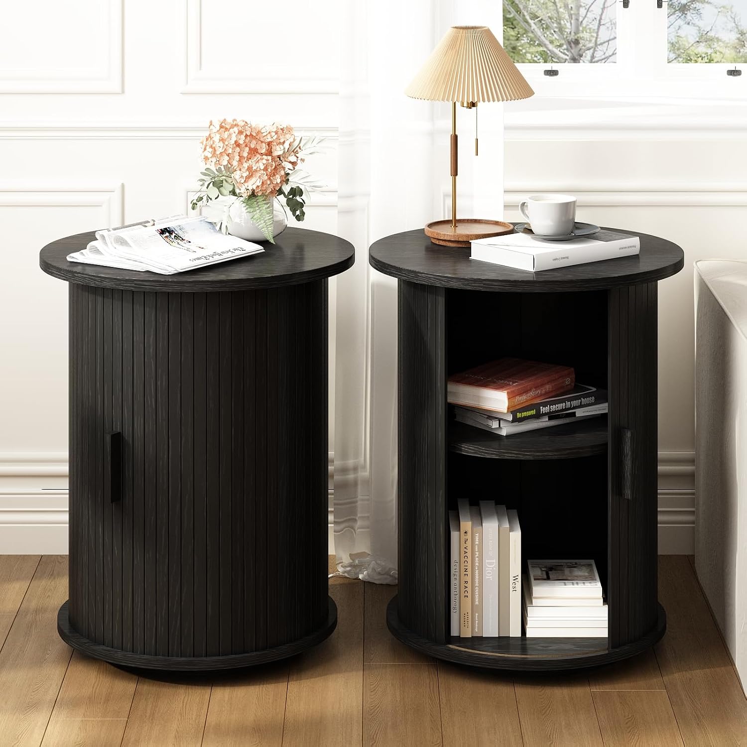 2-Tier Fluted Round Pedestal Side Table Black