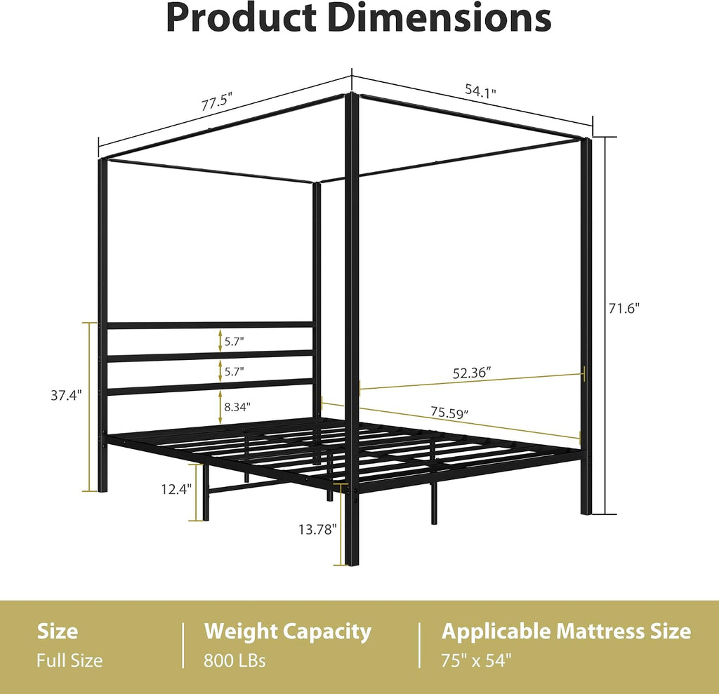 Full Size Black Metal Canopy Bed Frame