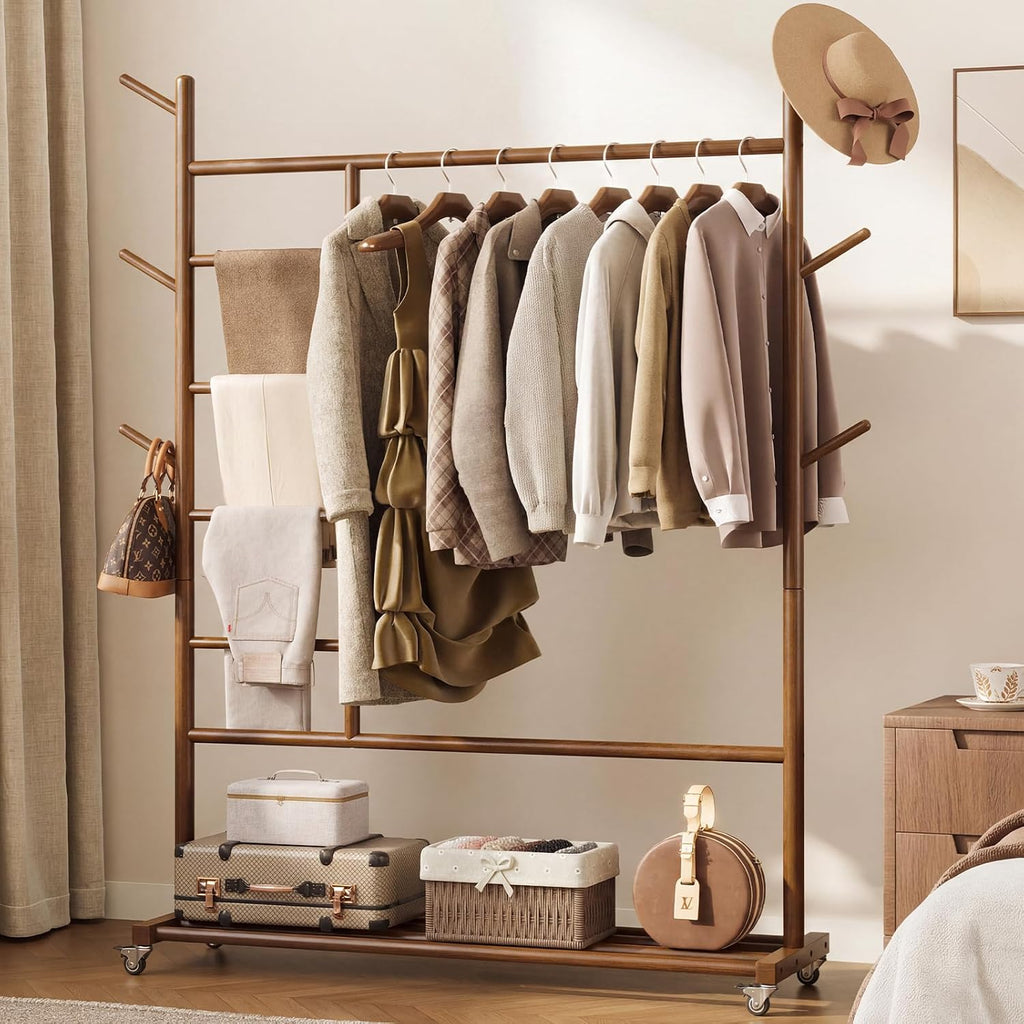 Wood Rolling Garment Rack with Storage