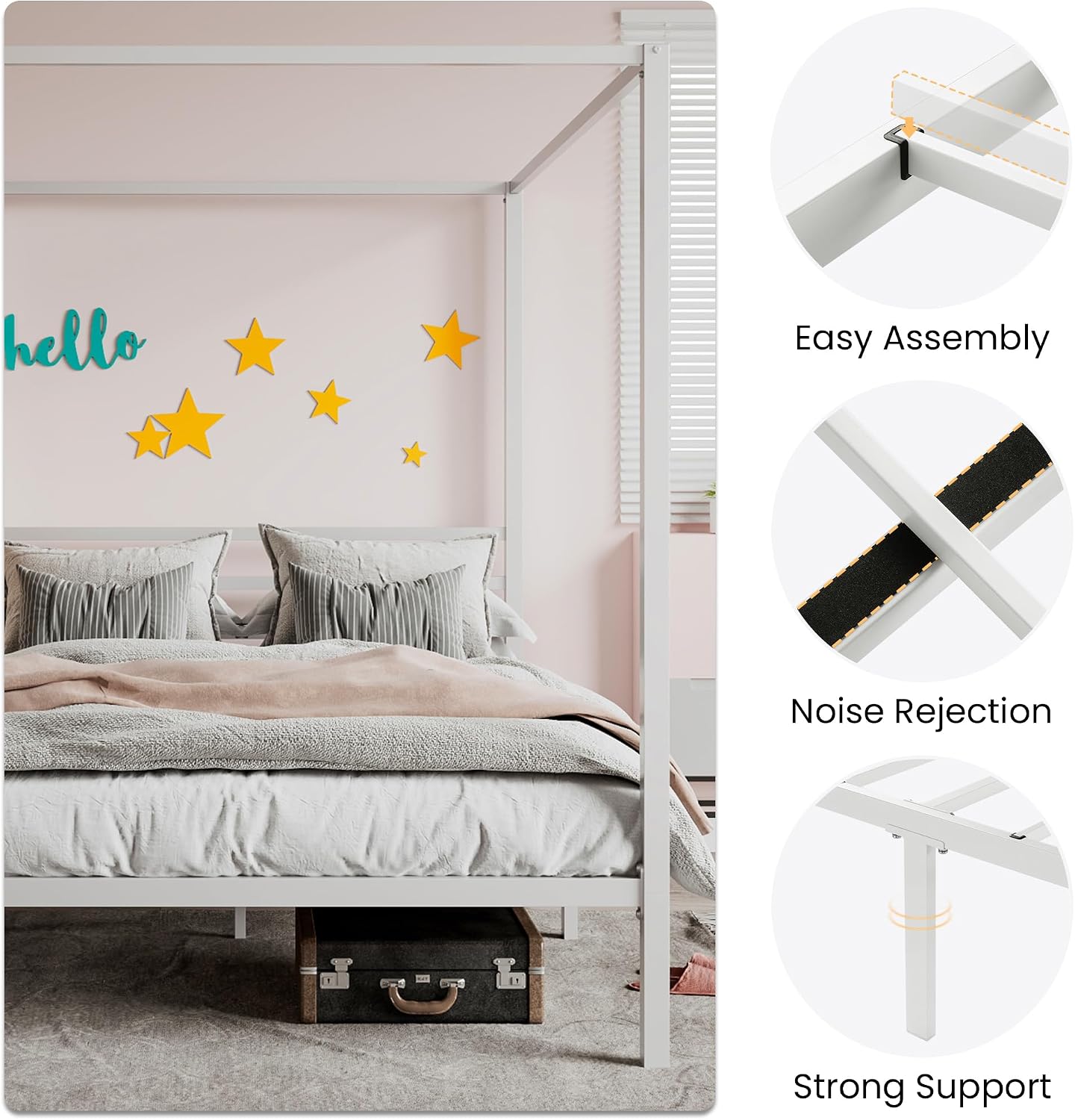 Queen White Metal Four Poster Canopy Bed Frame