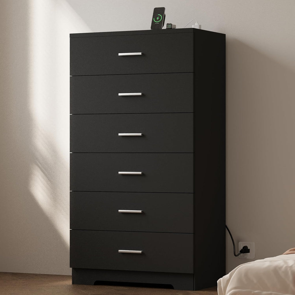 Black 6-Drawer Dresser with Power Outlets