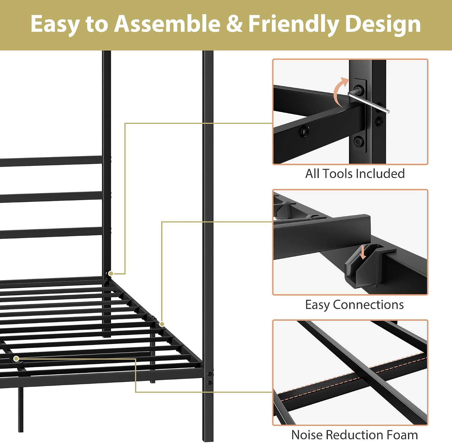 Full Size Black Metal Canopy Bed Frame