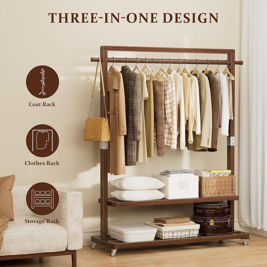 Wood Rolling Garment Rack Long Rod & Shelves