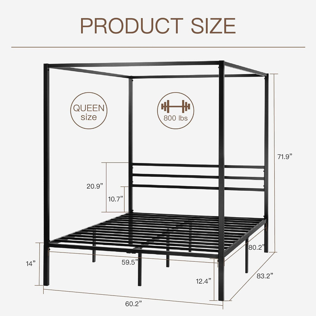 Queen Black Metal Four Poster Canopy Bed Frame