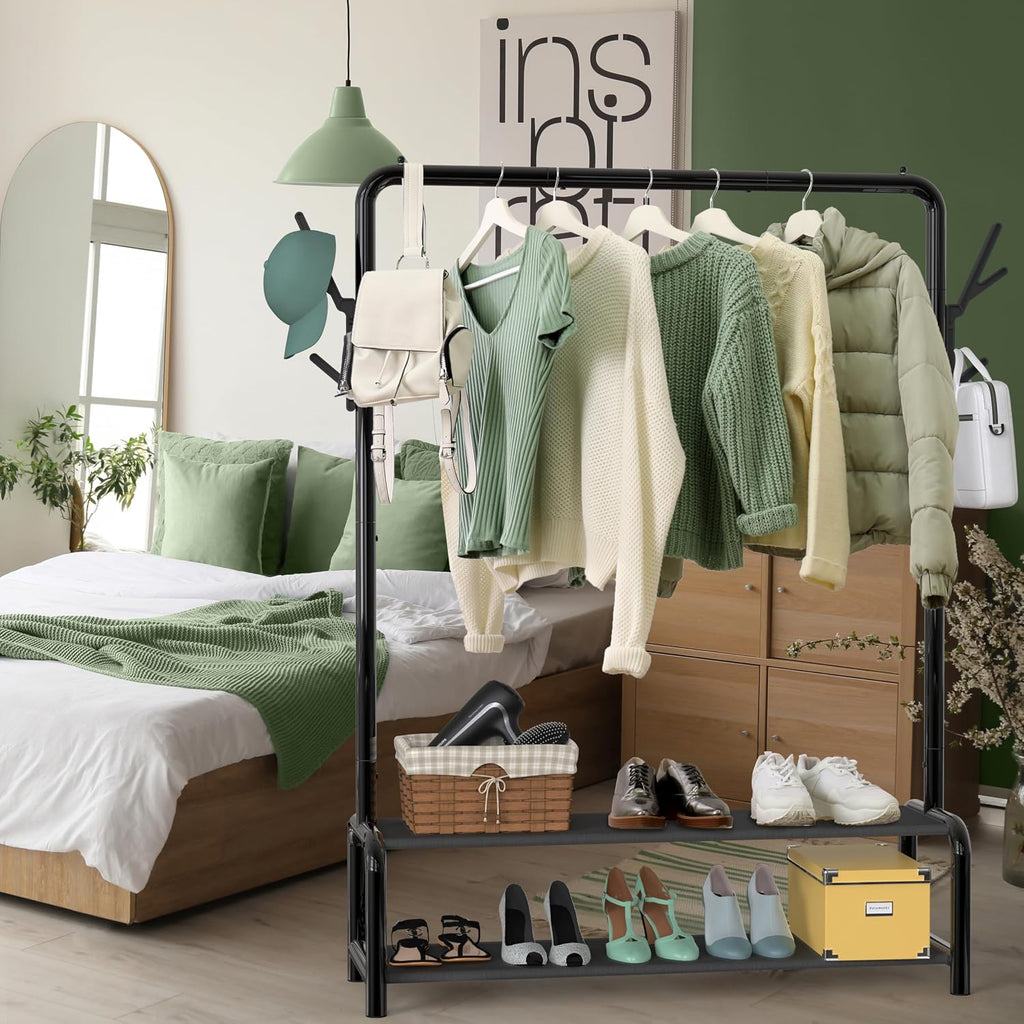 Freestanding Garment Rack with Fabric Shelves Black