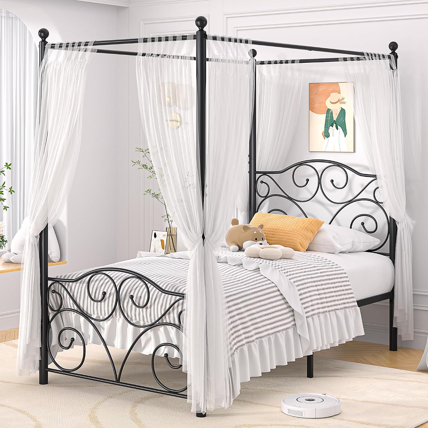 Twin Black Metal Four Poster Canopy Bed Frame