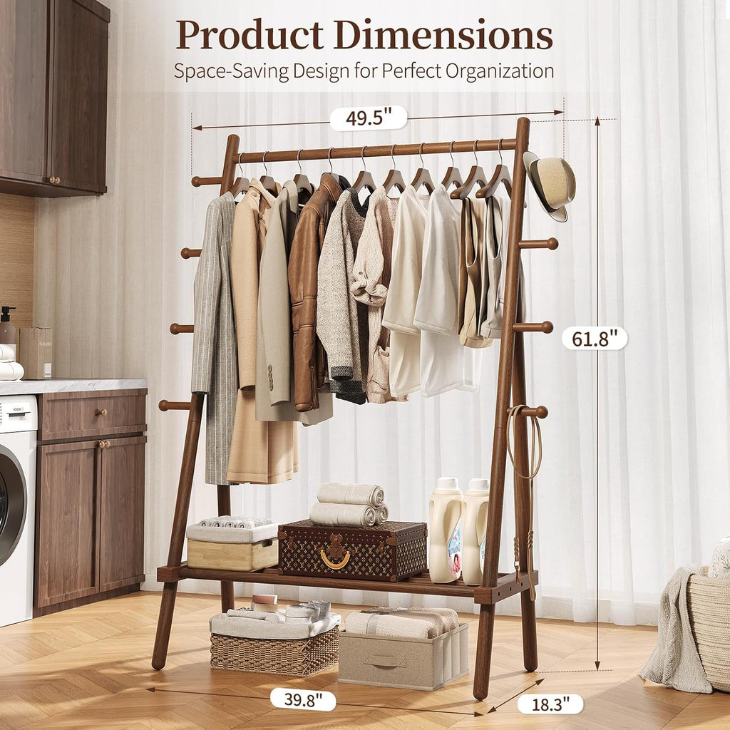 Wood Garment Rack with Hooks & Shelf