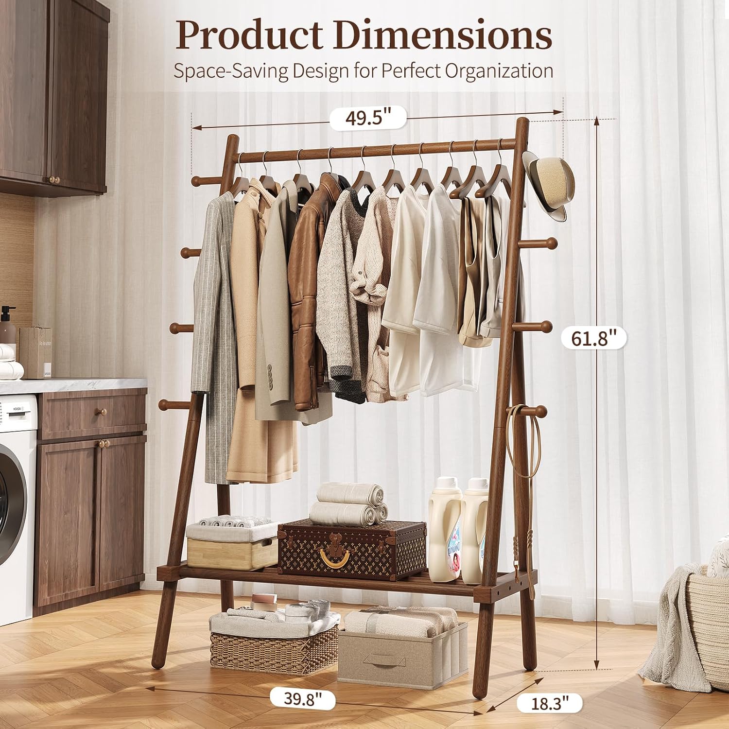 Wood Garment Rack with Hooks & Shelf
