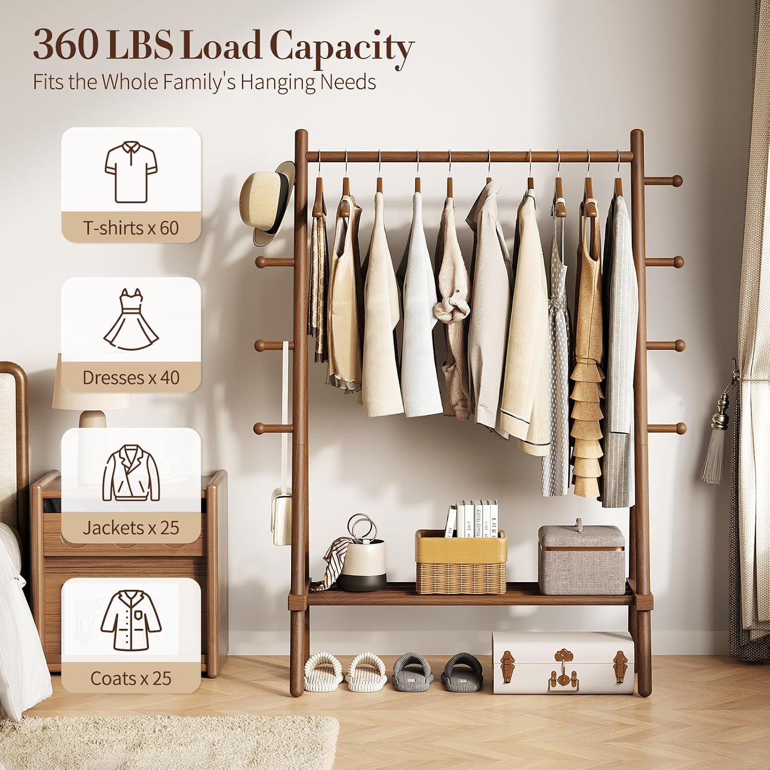 Wood Garment Rack with Hooks & Shelf