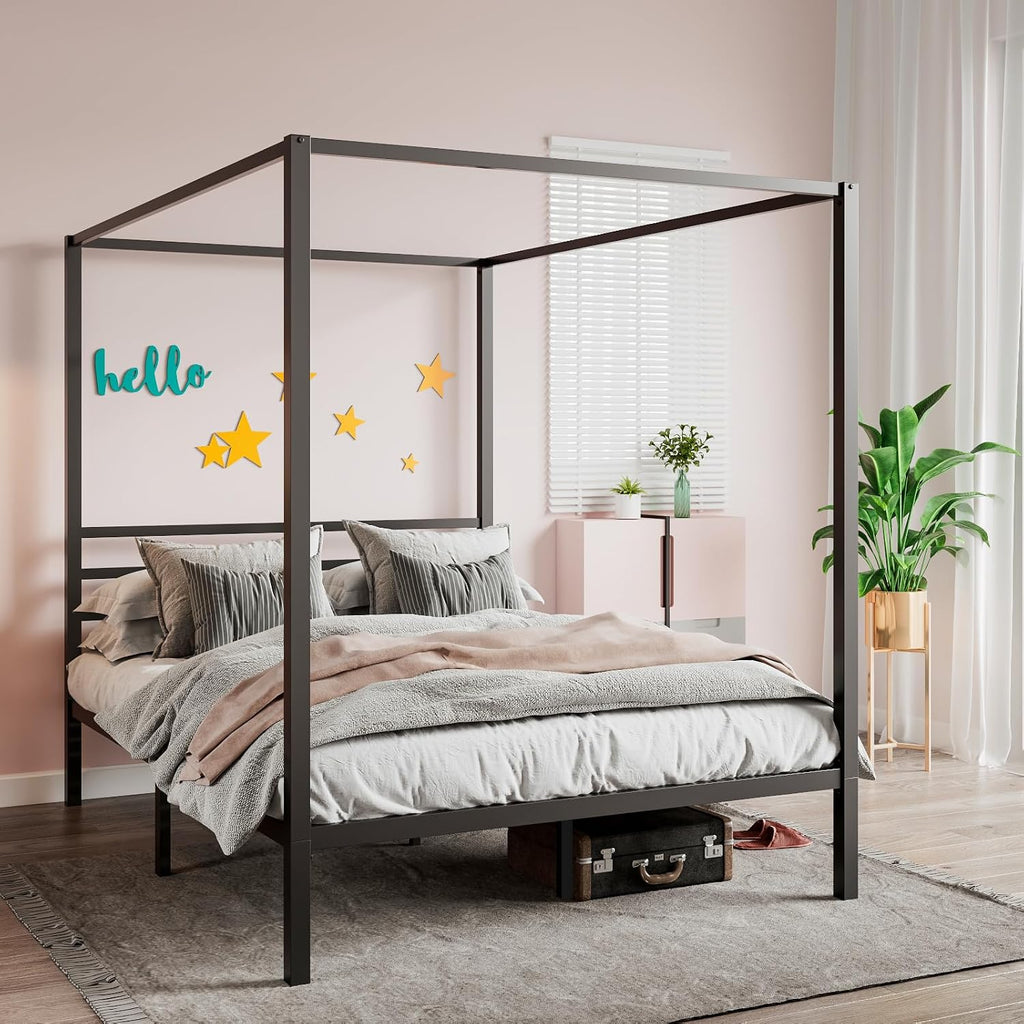 Queen Black Metal Four Poster Canopy Bed Frame