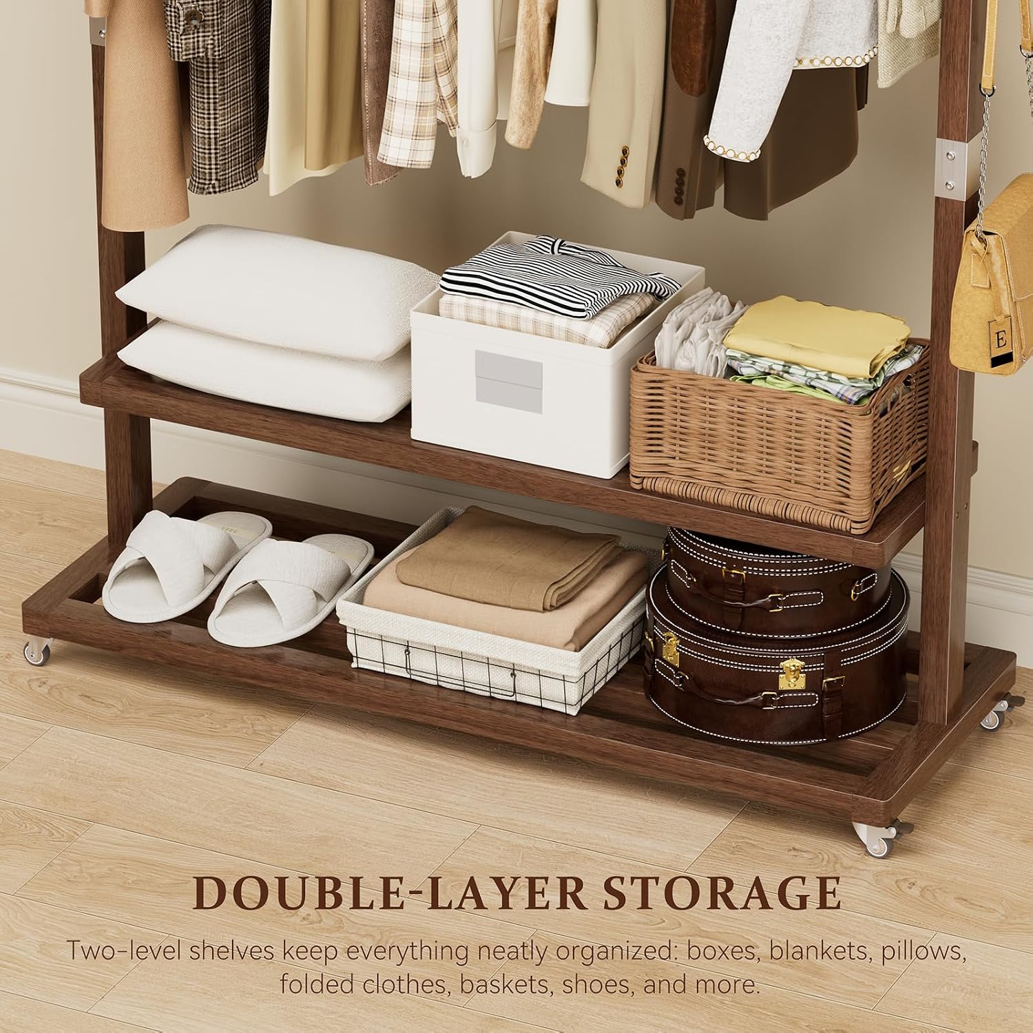 Wood Rolling Garment Rack Long Rod & Shelves