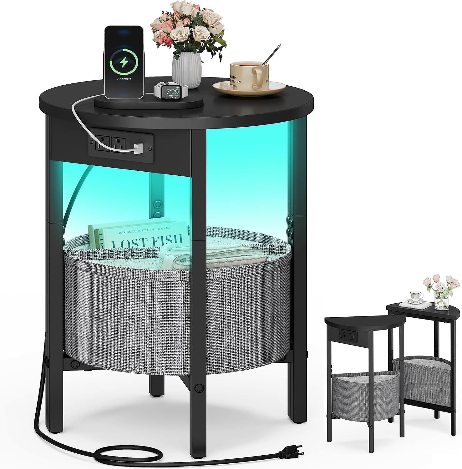 Half Moon Side Table Set with Charging Station Black