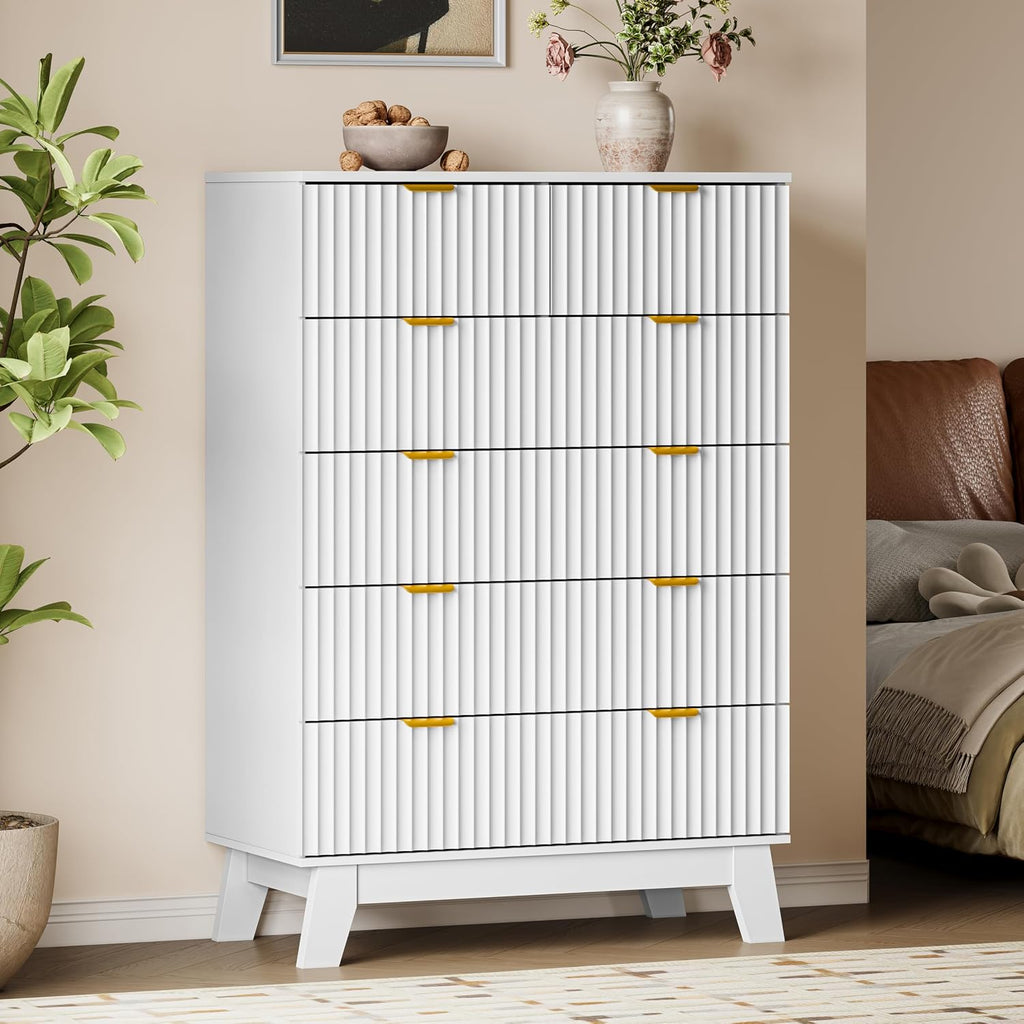 Fluted 6-Drawer Wooden Tall Dresser