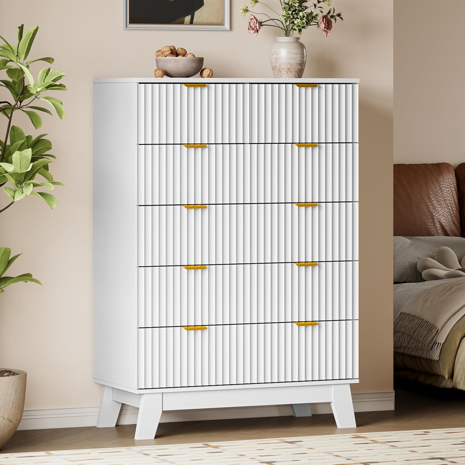 Fluted 6-Drawer Wooden Tall Dresser