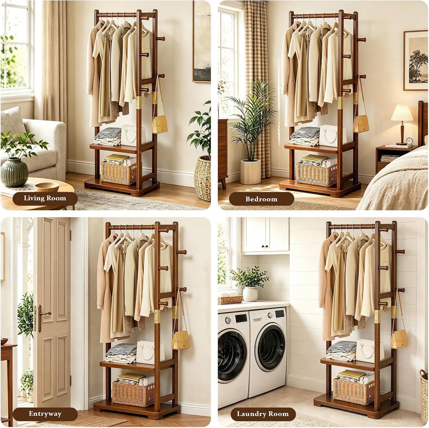Wood Hall Tree Coat Rack with Shelves