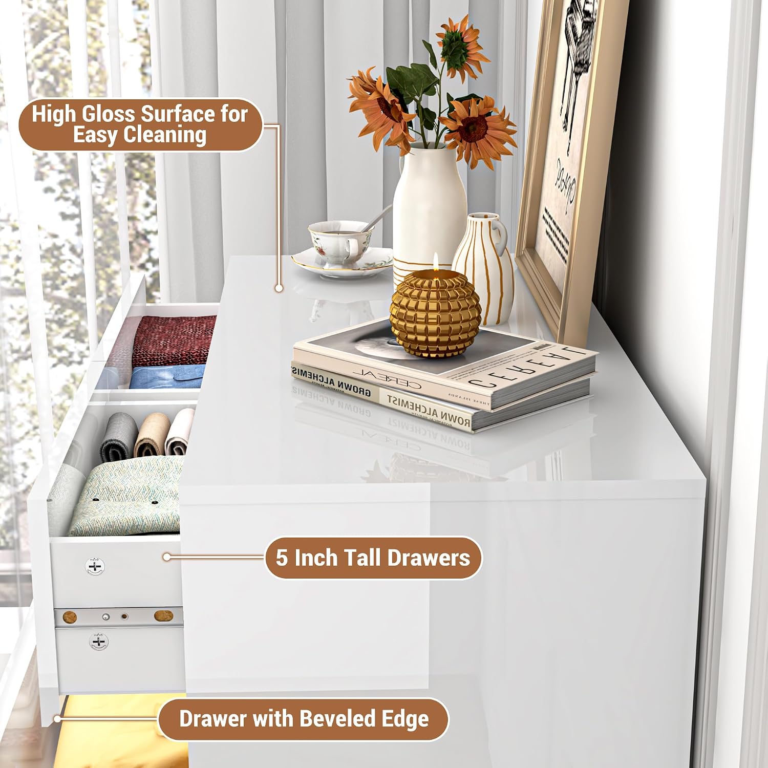 High Gloss Handleless 6-Drawer White Dresser