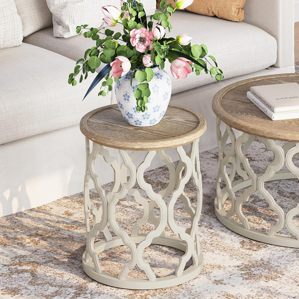 Farmhouse Round Tray Top Side Table Beige
