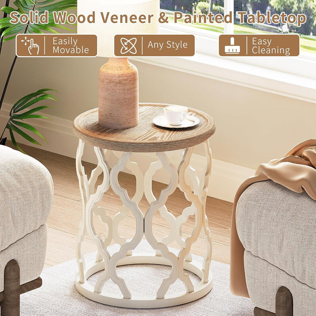 Farmhouse Round Tray Top Side Table Beige