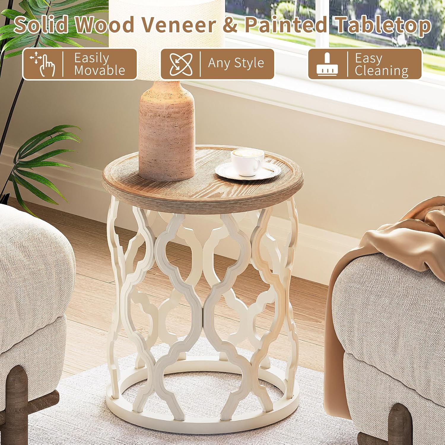 Farmhouse Round Tray Top Side Table Beige