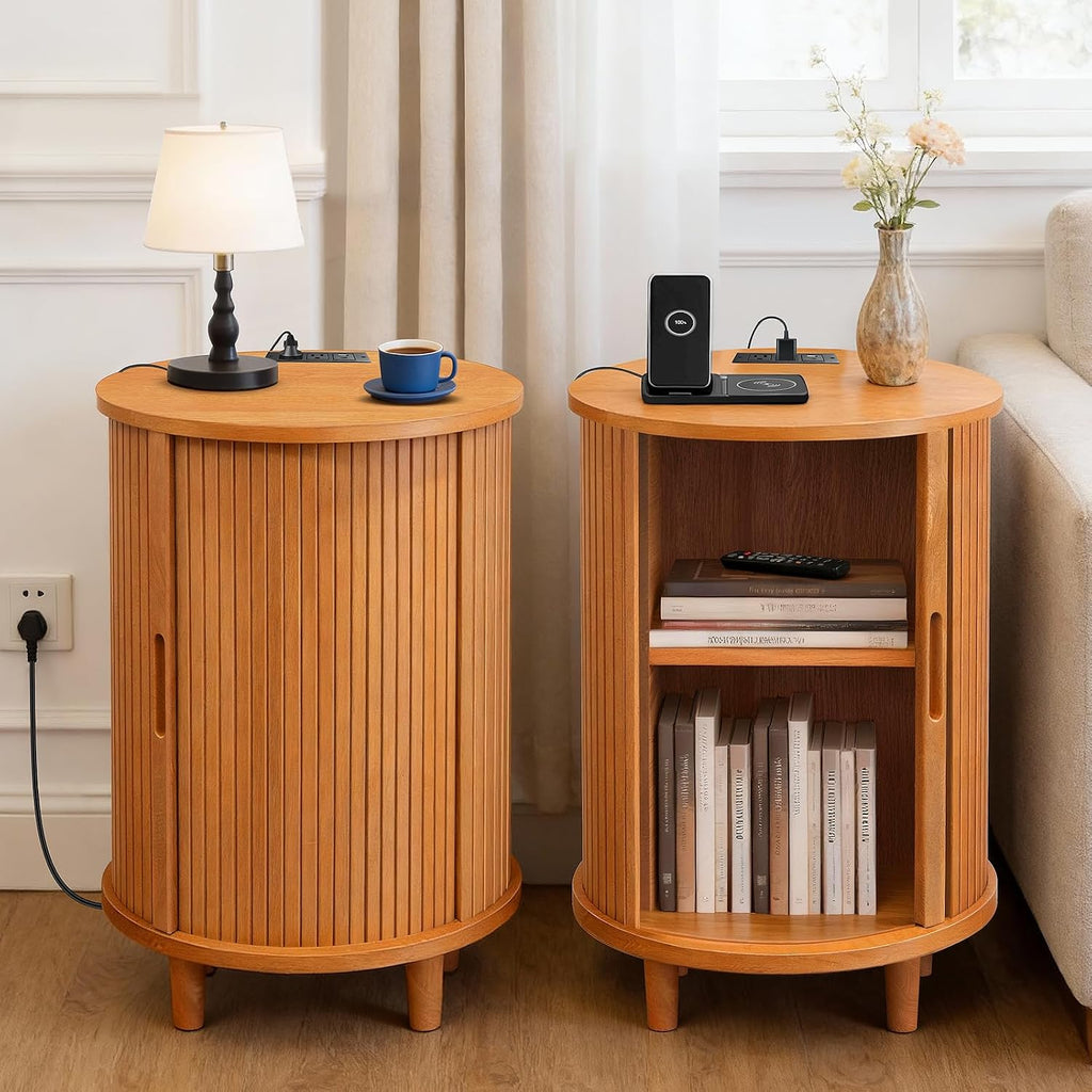 Fluted Round Side Table Charging Station Yellow Walnut