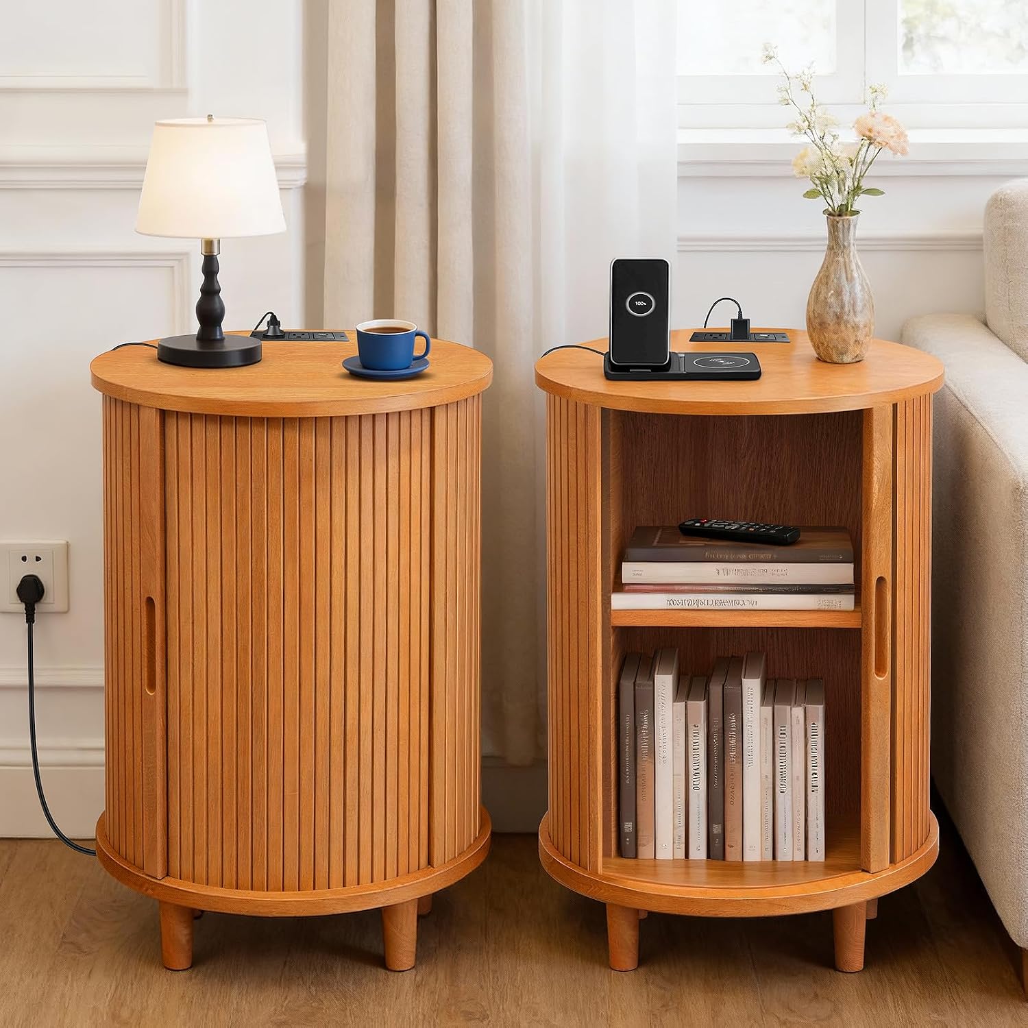 Fluted Round Side Table Charging Station Yellow Walnut