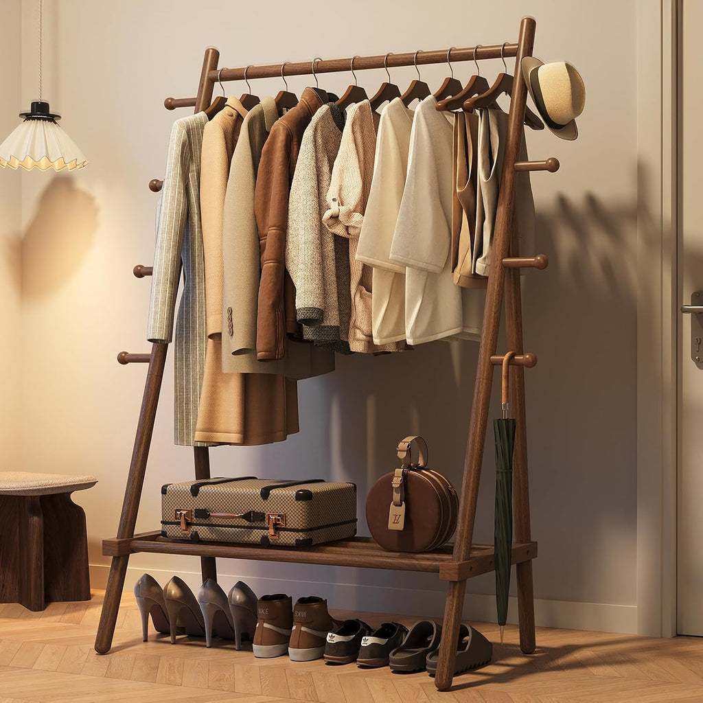 Wood Garment Rack with Hooks & Shelf
