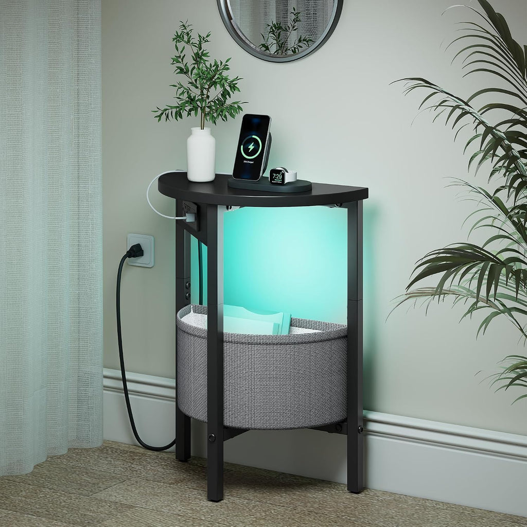 Half Moon Side Table Set with Charging Station Black