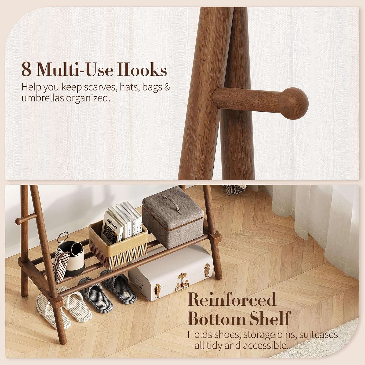 Wood Garment Rack with Hooks & Shelf