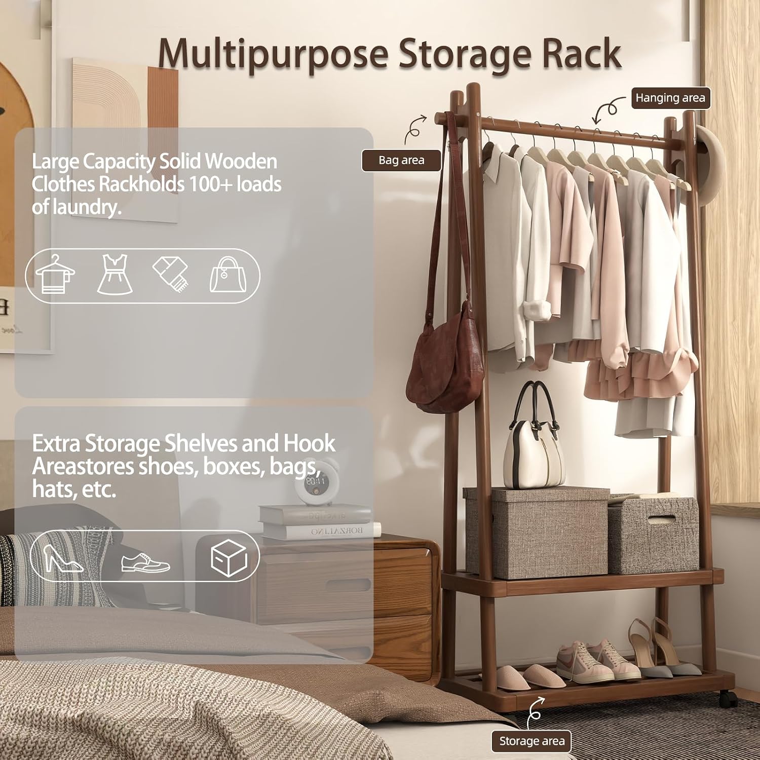 Wood Rolling Garment Rack Walnut