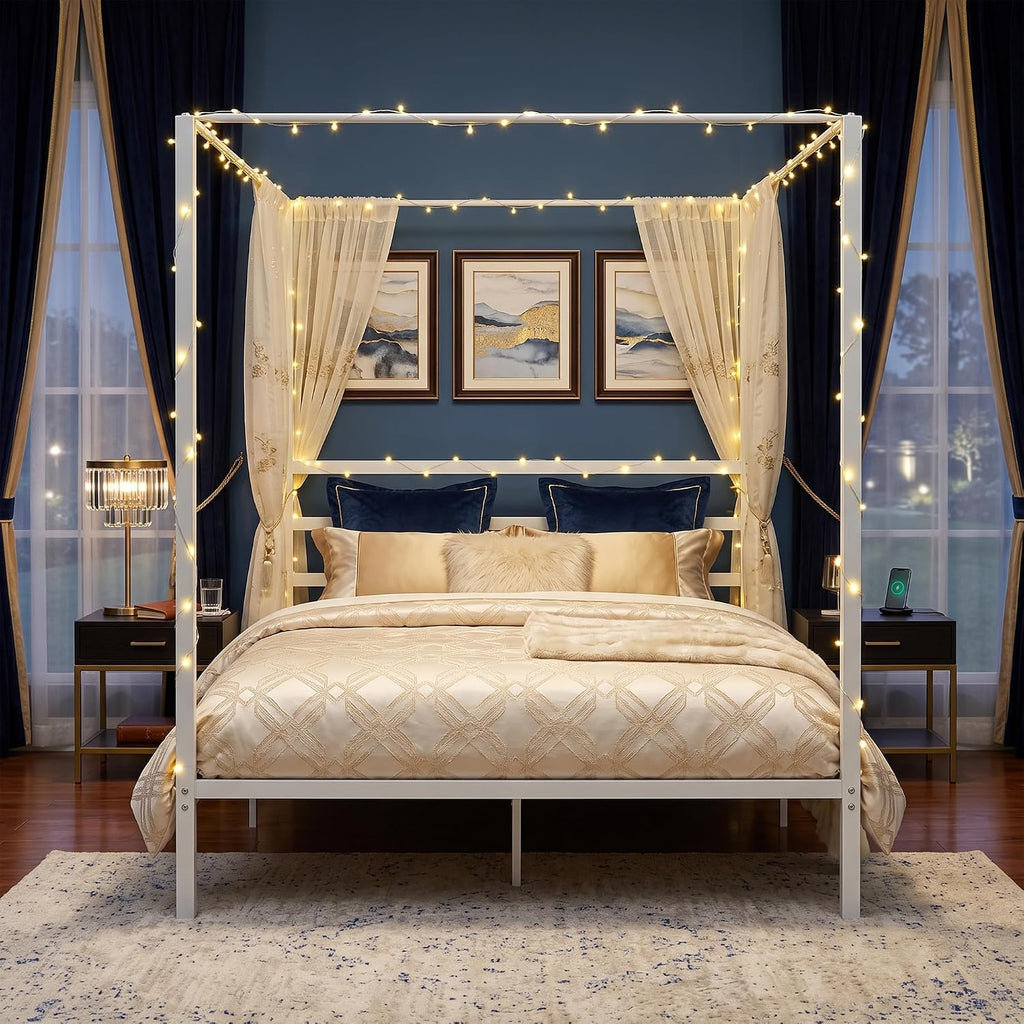Full Size White Metal Canopy Bed Frame