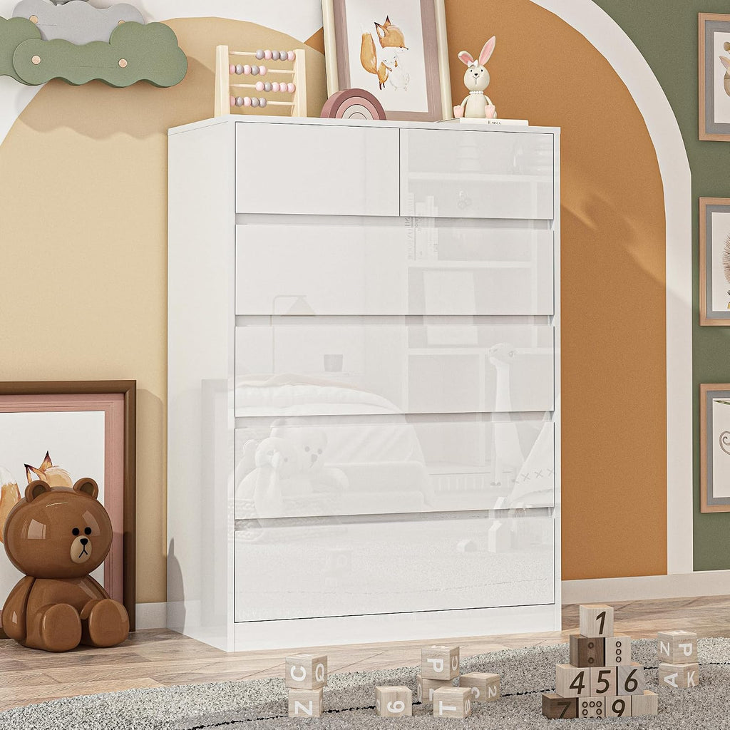 High Gloss Handleless 6-Drawer White Dresser
