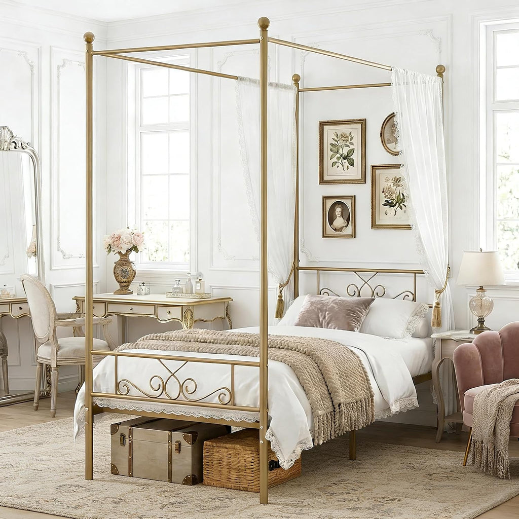 Twin Gold Metal Four Poster Canopy Bed Frame