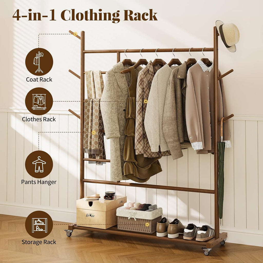 Wood Rolling Garment Rack with Storage