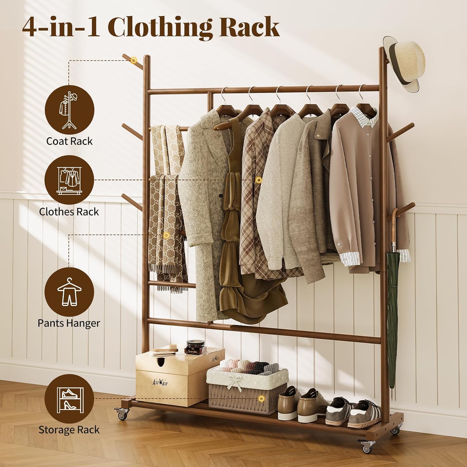 Wood Rolling Garment Rack with Storage
