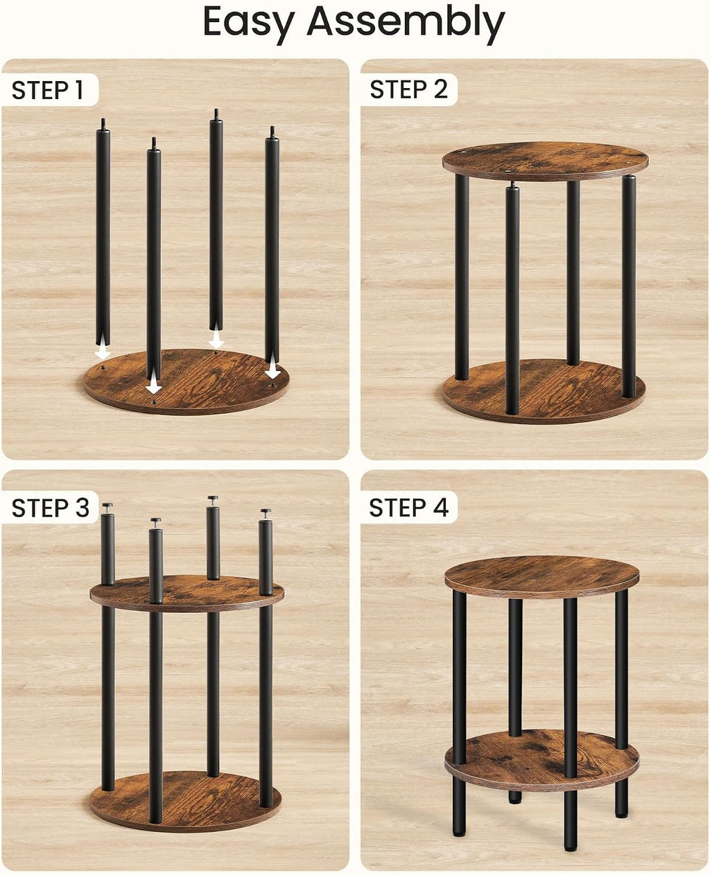 2-Tier Round Metal Frame Side Table Rustic Brown