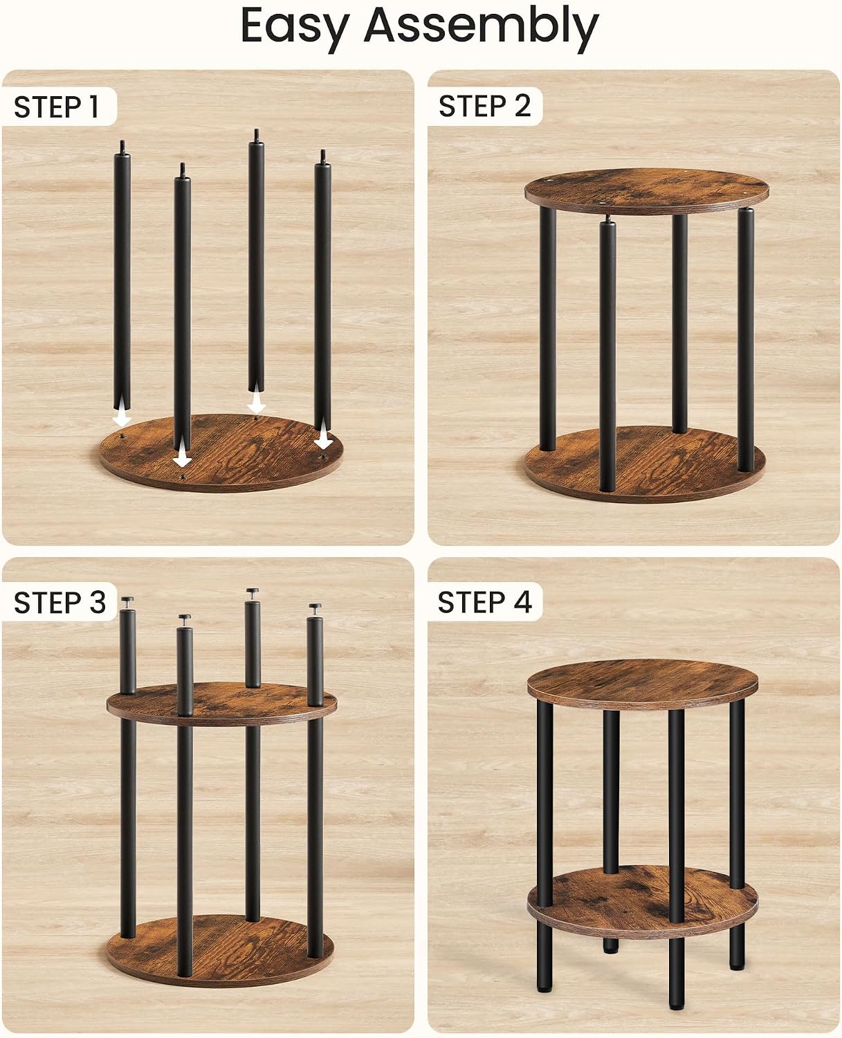 2-Tier Round Metal Frame Side Table Rustic Brown