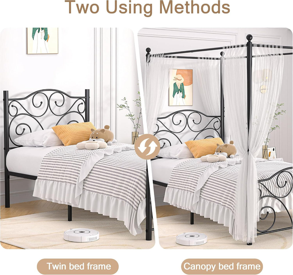 Twin Black Metal Four Poster Canopy Bed Frame