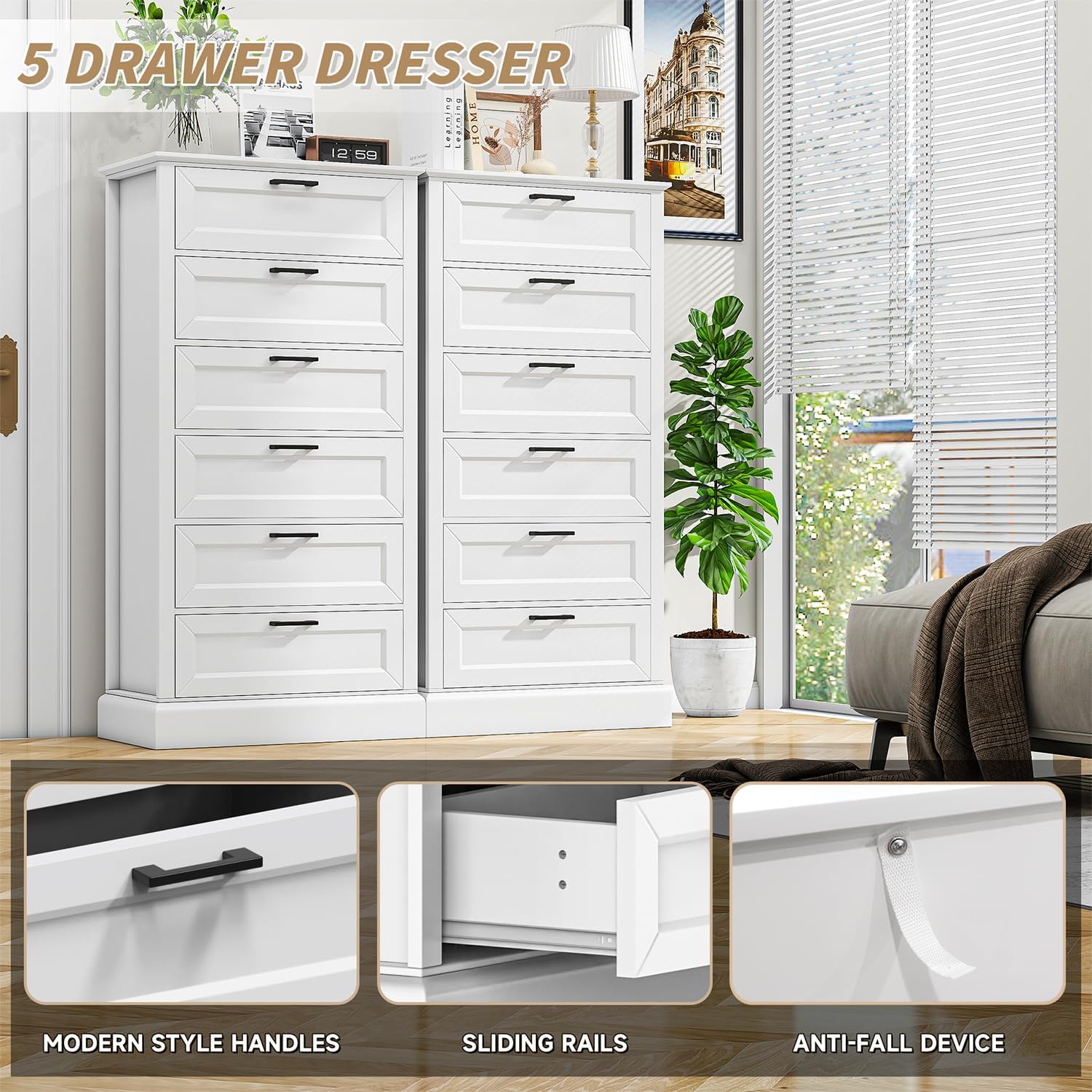 White 6-Drawer Tall Wooden Dresser