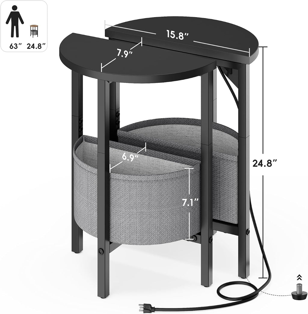 Half Moon Side Table Set with Charging Station Black