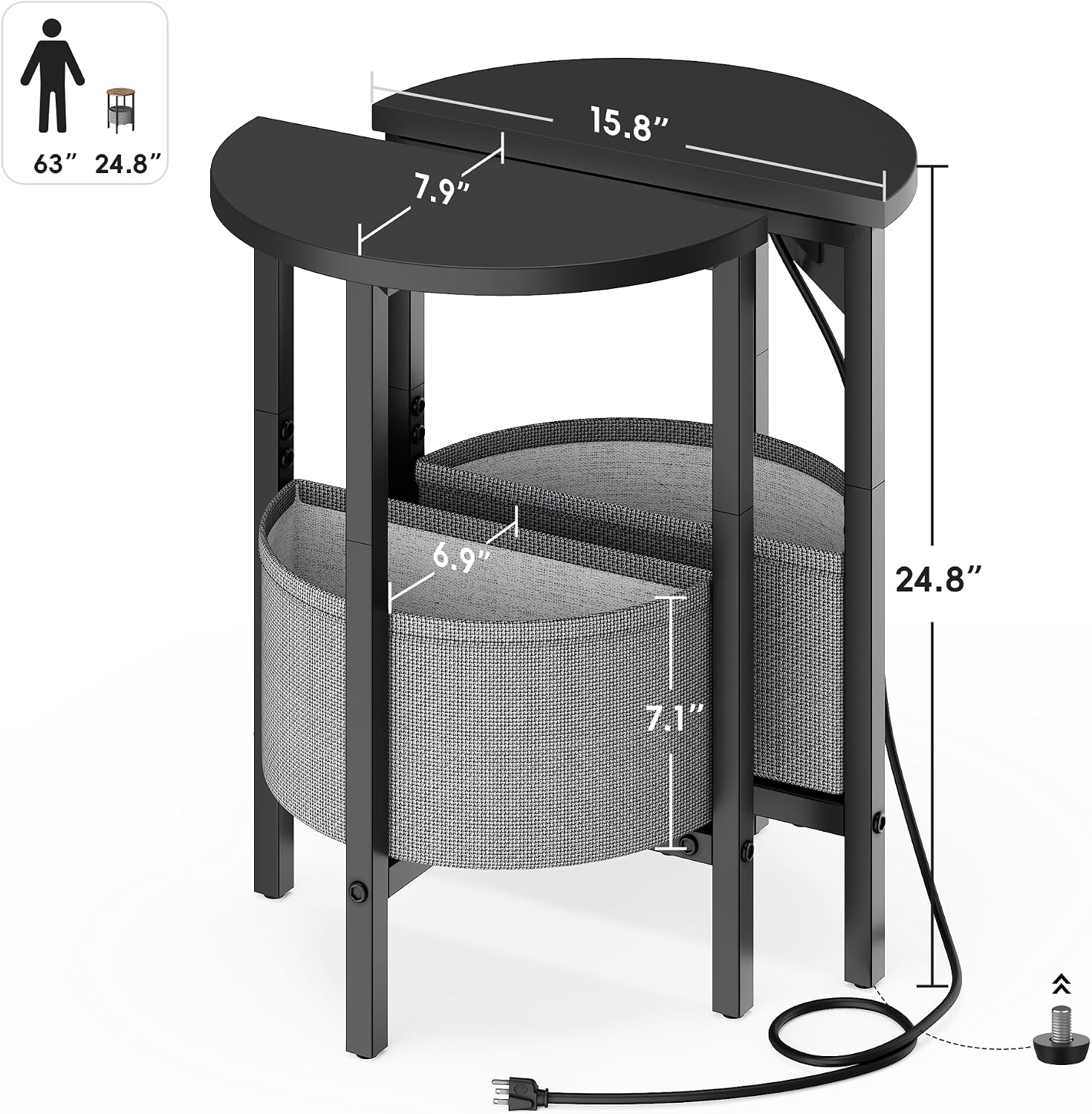 Half Moon Side Table Set with Charging Station Black