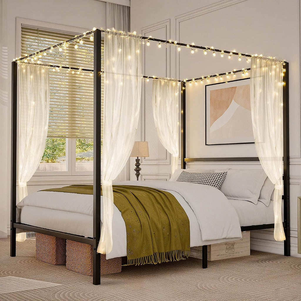 Queen Black Metal Canopy Bed Frame with Headboard