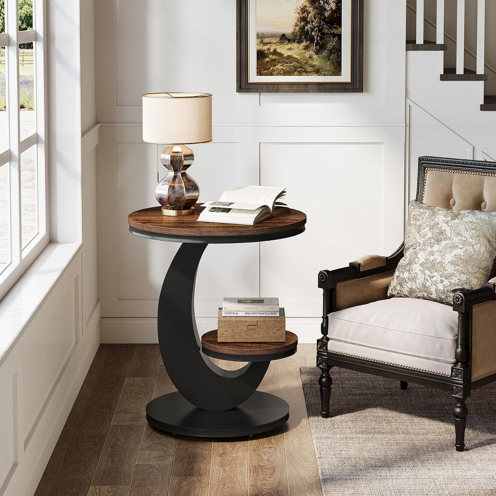 2-Tier Round Arc Frame Side Table Brown