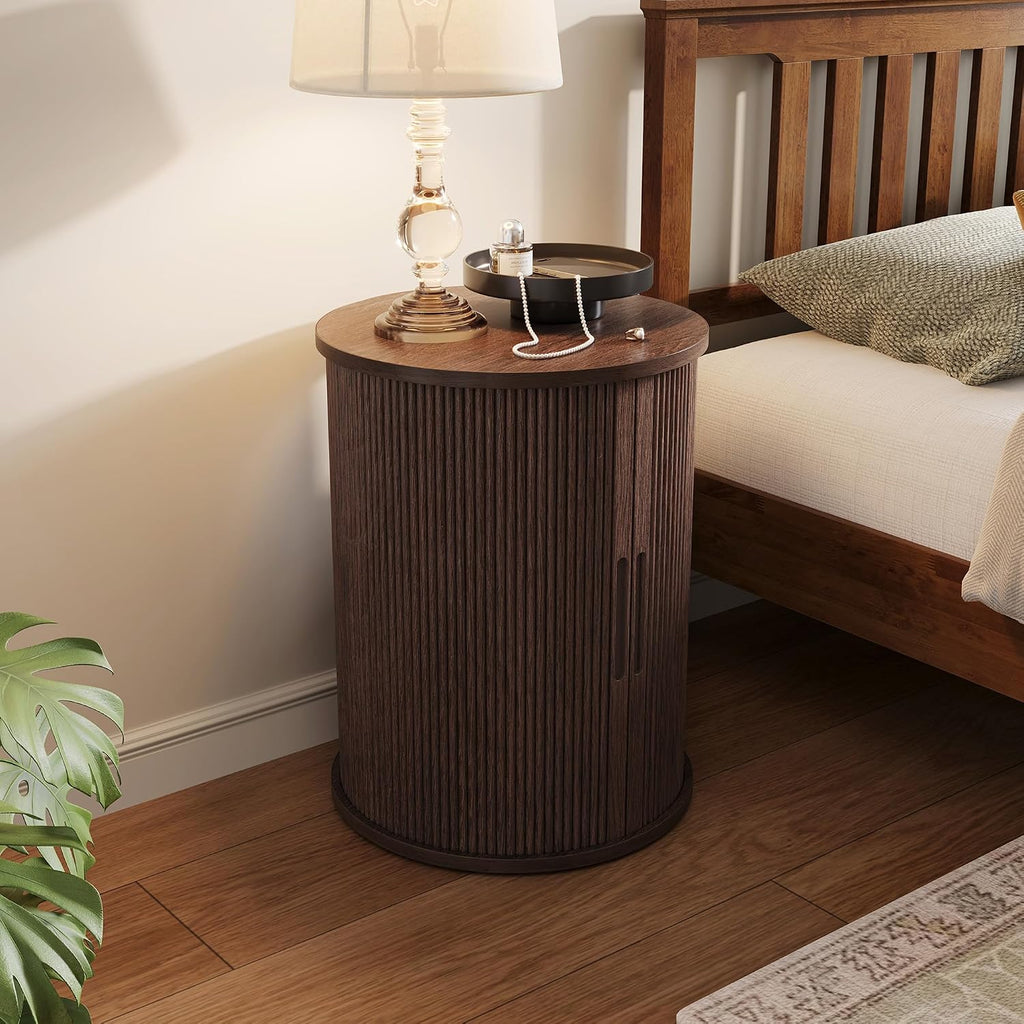 Fluted Round Side Table Tambour Door Dark Walnut